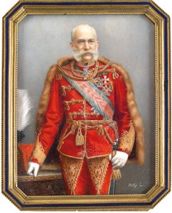 Porträtt av Francois Joseph I av Österrike (1830-1916), i ungersk uniform. Verk av Lajos Osko (1865-1922), akvarell och gouache på horn. Ungersk konst, akademisk konst. Privat samling. av Lajos Osko