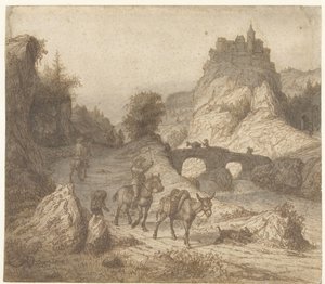 Bergslandskap med slott och figurer