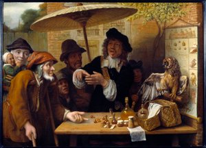Charlatanen. Resenären diskuterar boniments för att sälja droger på torget. Målning av Lambert Doomer (1623-1700)