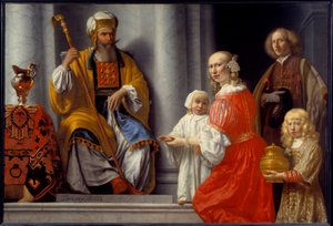 Profetessan Anne (Hannah) tar med sin son Samuel till översteprästen Eli (Heli) för att tacka Herren för att han botade honom från hans sterilit. Målning av Lambert Doomer (1624-1700)