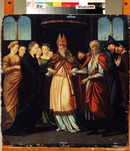 Marias och Josefs äktenskap (Marias äktenskap med Josef). Målning av Lambert Lombard (1505-1566). Renässanskonst. Olja på trä. Regionalt konstmuseum, Uzhhorod (Uzhgorod eller Uzhgorod), Ukraina