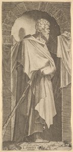St. James Minor i en bågformad nisch, med en käpp i händerna, som är c..., 1545.