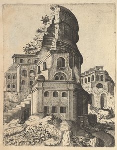 Vertikalt landskap med ruinerna av Venus och romers tempel, från serien 