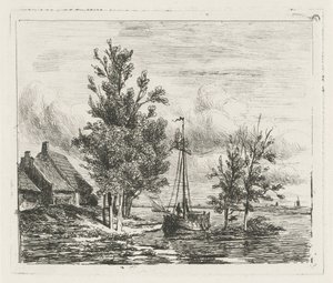 Flodlandskap med segelfartyg och gård