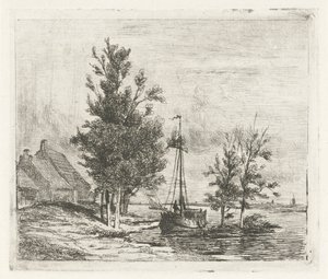 Flodlandskap med segelfartyg och gård