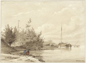Landskap med förtöjda båtar på en flodstrand