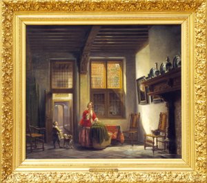 Första namnet Interiör med kvinna och barn vid en trappa av Lambertus Johannes Hansen