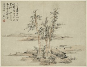 Landskap i stil med antika mästare: efter Ni Zan (1301-1374), Cao Zhibo (1272-1355) av Lan Ying