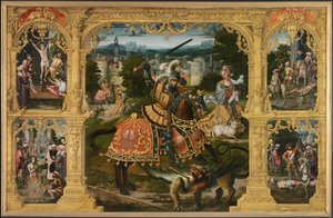 Legend of St. George (olja på panel) av Lancelot (school of) Blondeel