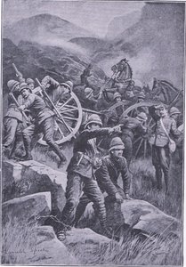 En pistol välte på en sluttning, från After Pretoria: The Guerilla War publicerad av Harmsworth Bros Limited, 1901 av Lancelot Speed
