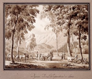 Frukost av imponen Josephine de Beauharnais i Cervos 1810. Teckning av Theodore Turpin De Crisse (1782-1859)