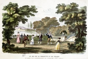 Forntida spel: spelet med racket och ratt, förfader till badmington, baserat på en litografi av Langlumé 1800-talet.