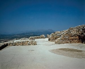 Megaron av det kungliga palatset: platsen för den antika staden Mykenes, på Peloponnesos (1500-1100 f.Kr.) Grekland