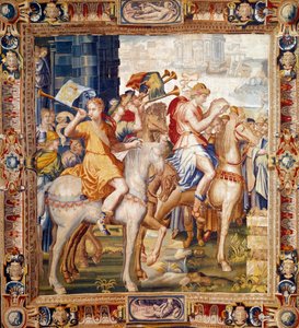 Herauts ridning. Gardin från Artemises historia. Gobeläng av ull och siden tillverkad av Laurent Guyot (1756-1806) och Henri Lerambert (cirka 1540/1550-1608) vid verkstäderna i faubourg Saint Marcel (1601-vers1670). 1600-talets Paris, nationella möbler