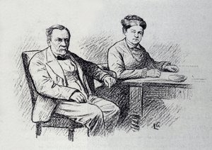 Porträtt av Louis Pasteur (1822-1895), fransk kemist och fysiker som dikterar ett förhållande med sin fru Marie Laurent. Skiss av Lucien Laurent-Gsell (Laurent Gsell) (1860-1944). DR av Laurent Lucien Gsell