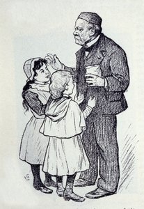Porträtt av Louis Pasteur (1822-1895), fransk kemist och fysiker som ger godis till institutets barn. Skiss av Lucien Laurent-Gsell (Laurent Gsell) (1860-1944). DR av Laurent Lucien Gsell