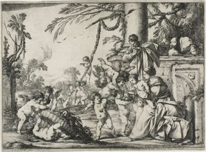 Den heliga familjen med Putti av Laurent de la Hyre