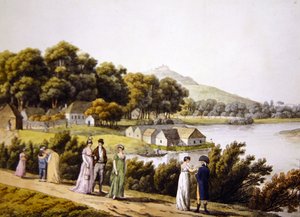 Utsikt över Brigittenau-distriktet och floden Donau från Augarten-sidan, tidigt 1800-tal (gravyr) av Laurenz (after) Janscha