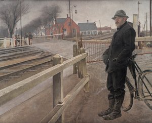 Väntar på tåget. Plankorsning vid Roskilde motorväg, 1914. av Laurits Andersen Ring