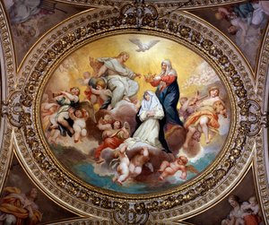 Den heliga jungfrun kröner St Rose of Lima med Jesus och den helige Ande (målning