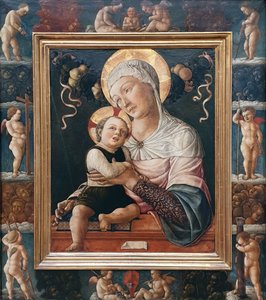 Tyska: Maria med barnet, i målad ram med keruber Madonna och barn