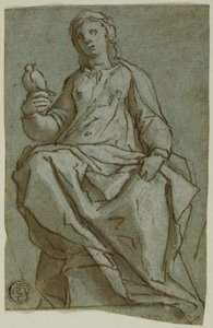 Sittande kvinnlig figur (Saint Scholastica?) Håller en duva
