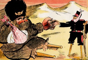 Framtidsalliansen - "Vi borde ha börjat så här!" – Ryska och Japan skakar hand. 1904 (litho) av Leal de Camara