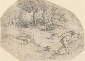 Landskap med en man och en hund av Leandro Bassano after Titian