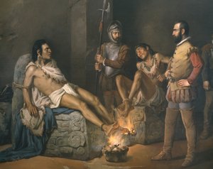Tortyr av Cuauhtemoc (1497-1525) 1893 (detalj) (olja på duk) av Leandro Izaguirre