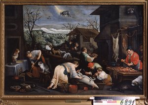 ""December månad"" (december) Grisarna slaktas. Stenbocken tecken symbol i himlen. Målning av Leandro Bassano da Ponte (1557-1622) 1595-1600 Statens konstmuseum Tula Ryssland