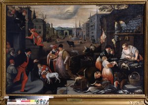 ""Le mois de fevrier"" (februari) Vandringsscen vid karnevalstid. Fiskarna tecken symbol på himlen. Målning av Leandro Bassano da Ponte (1557-1622) 1595-1600 Mått 144x190 cm Statens konstmuseum Tula Ryssland av Leandro da Ponte Bassano