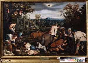 ""Oktober månad"" (oktober) Arbeta på fälten. Bönder planterar träd. Symbol för tecknet på skorpionen på himlen. Målning av Leandro Bassano da Ponte (1557-1622) 1595-1600 Statens konstmuseum Tula Ryssland
