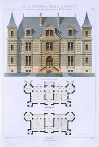Design från "stads- och lanthus baserade på de moderna husen i Paris", c.1864 av Leblanc