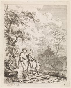 Gammal man, kvinna och barn på en skogsstig Landskap med figurer (serietitel)
