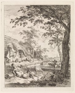 Herdinna med får framför en gård Landskap med figurer (serietitel) av Leendert Overbeek