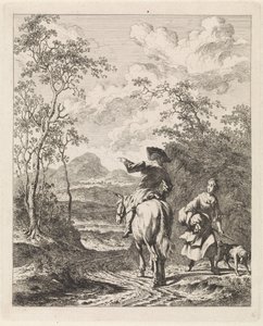 Ryttare ber om vägbeskrivning till en tjej med en hund Landskap med figurer (serietitel) av Leendert Overbeek