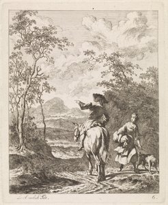 Ryttare ber om vägbeskrivning till en tjej med en hund Landskap med figurer (serietitel) av Leendert Overbeek