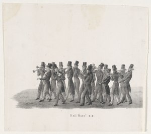 Musiker i processionen av Leiden-studenter, 1835 Hej Muse! (titel på objekt) De enskilda föreställningarna som de uppstigningar innehas av H.H. Elever vid Leidsche Hoogeschool den 9 februari 1835, stängd (serietitel på objekt) av Leendert Springer (I)