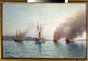 Den ryska torpedbåtens storhertig Konstantin förstör de turkiska fartygen vid Bosporen 1877 (den ryska torpedbåten Tender storhertigen Konstantin förstörde de turkiska fartygen vid Bosporen 1877). Sjöslaget i kriget mellan ryssarna