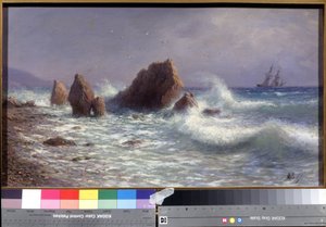 På stranden av Livadia (i Krimbukten, Ukraina) (vid Livadia-stranden). Havslandskap, med en segelbåt i fjärran och Svarta havets vågor som bryter mot reven. Målning av Lev Felixovich Lagorio (1827-1905), olja på duk