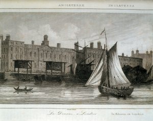 London Customs på Themsen, England (gravyr) av Lemaitre