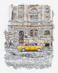 Gatan med klassiska gula bilar av Lembayung senja studio [Vintage Poster]