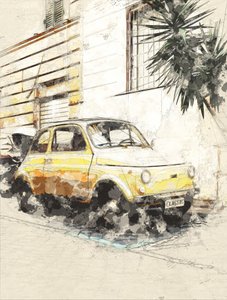 Klassisk gul Fiat av Lembayung senja studio [Vintage Poster]