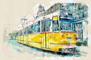 Stadsspårvagn i akvarell av Lembayung senja studio [Vintage Poster]
