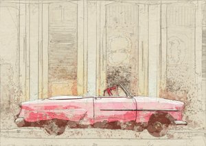 Skiss på en vintage-rosa cabriolet av Lembayung senja studio [Vintage Poster]