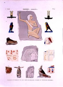 Illustrationer av målade reliefer på sten och träfragment Hypogees, Thebe-platta 47 från Vol II av `Descriptions of Egypt`, graverade av LeRoy av Lenoir (after)