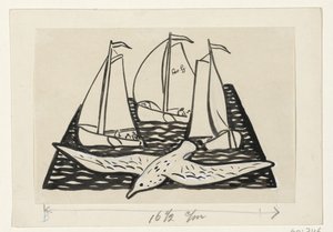 Tre segelfartyg och en mås av Leo Gestel (signed by artist)
