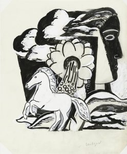 Uppfödning av häst, blomma och huvud (skiss) av Leo Gestel (signed by artist)
