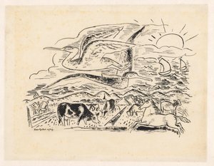 Två fåglar flyger över ett landskap med boskap av Leo Gestel (signed by artist)