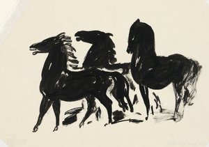 Tre svarta hästar står och tittar till vänster av Leo Gestel